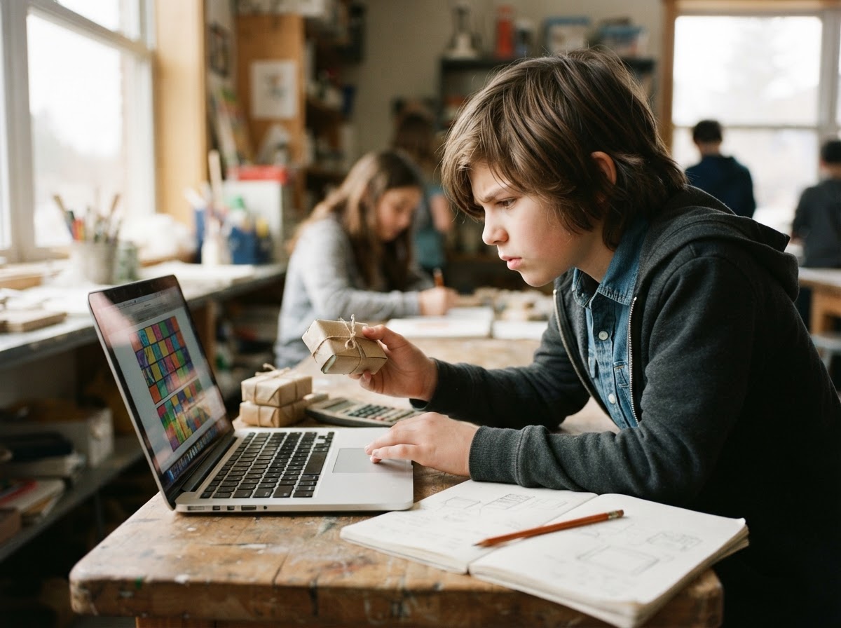 A student comparing a handmade product to a spreadsheet on a laptop, working through real numbers