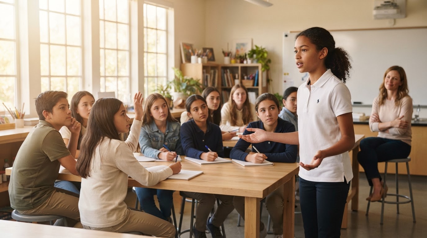 A Wonderstorm student presenting an argument at the front of a sunlit classroom while peers lean in and listen