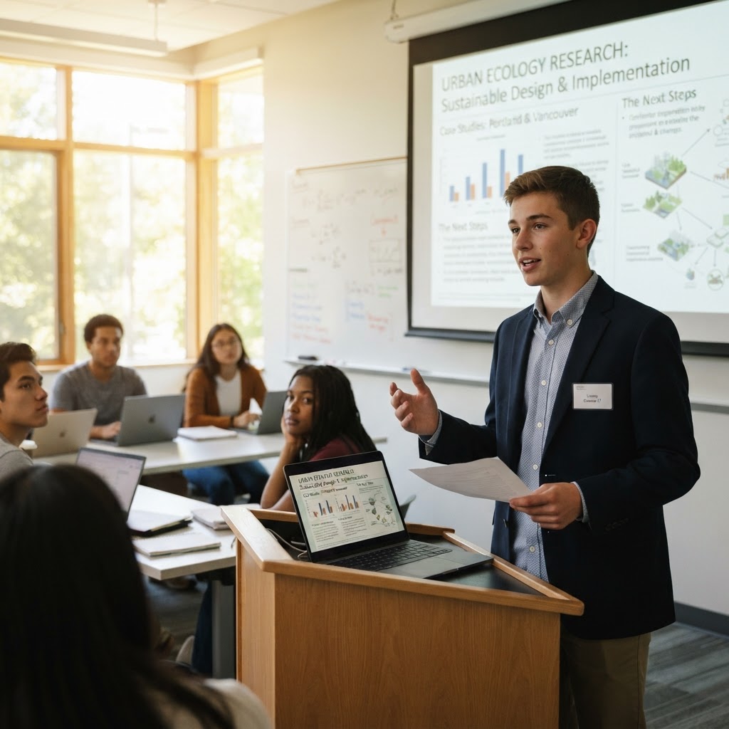 A confident Caucasian teenage boy presenting college-level coursework at the front of a bright modern classroom