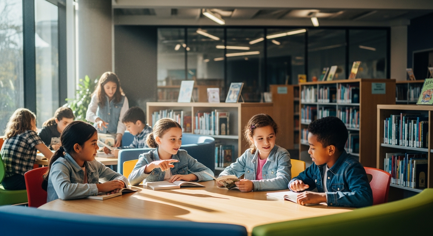 Wonderstorm Academy students reading in the school library