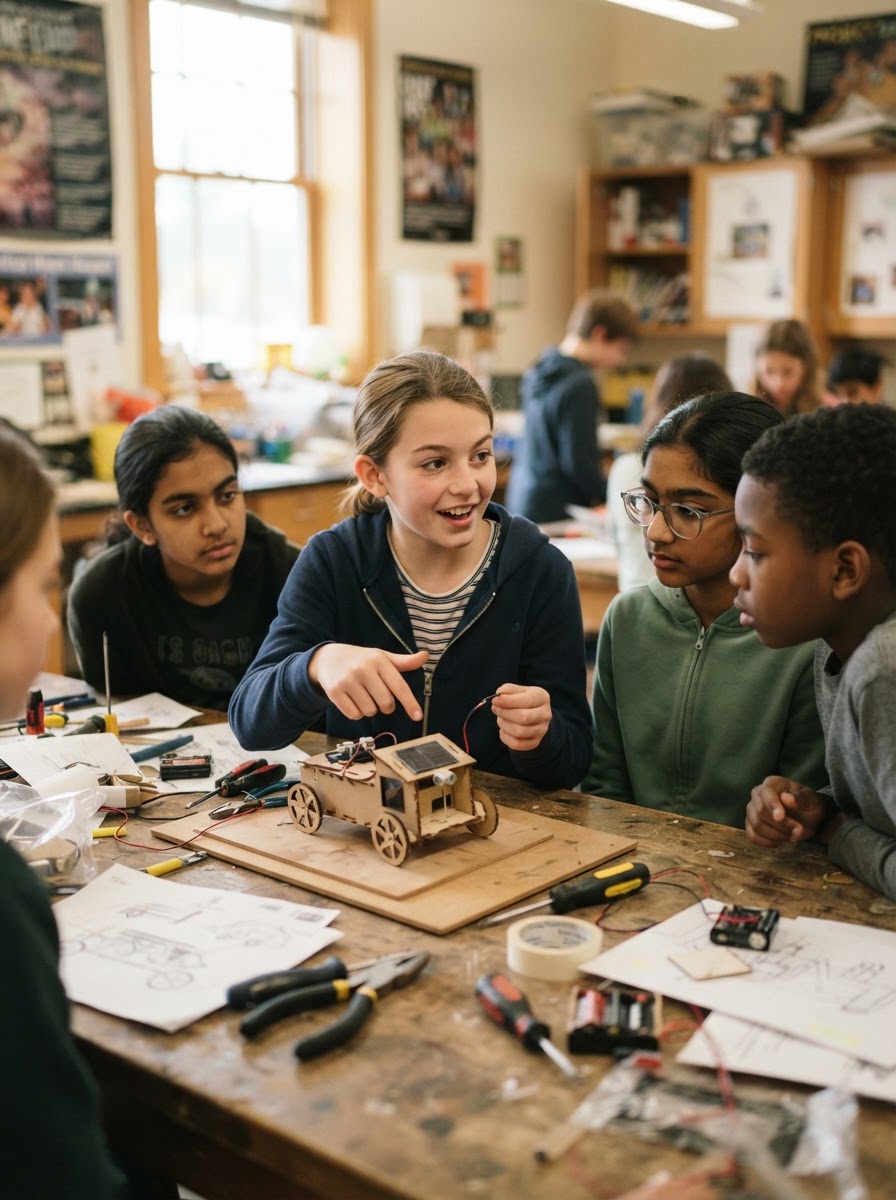 An 11-year-old student collaborating on a prototype build in the Adventure Program at Wonderstorm Academy