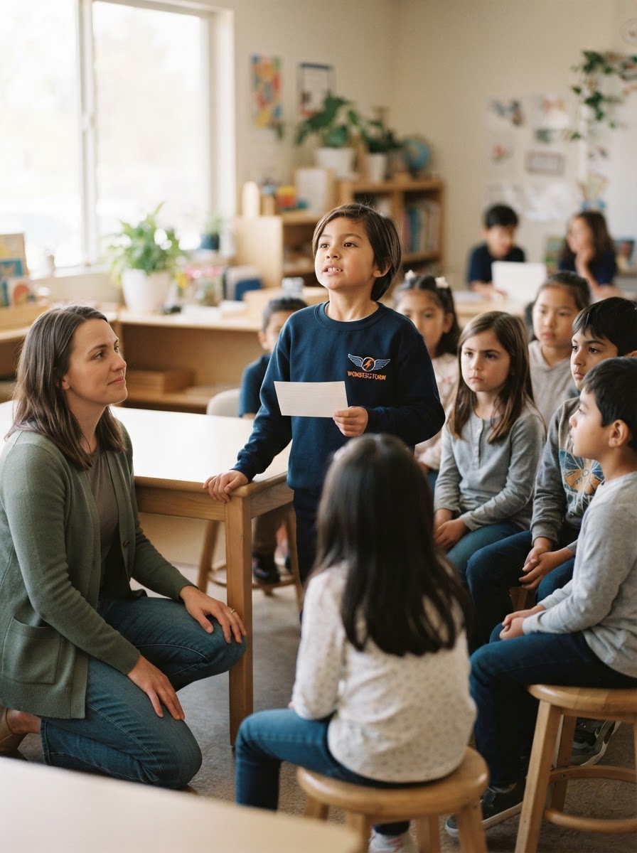 A young student wearing a Wonderstorm Academy sweatshirt stands up to speak to her class for the first time, gripping the table with determination