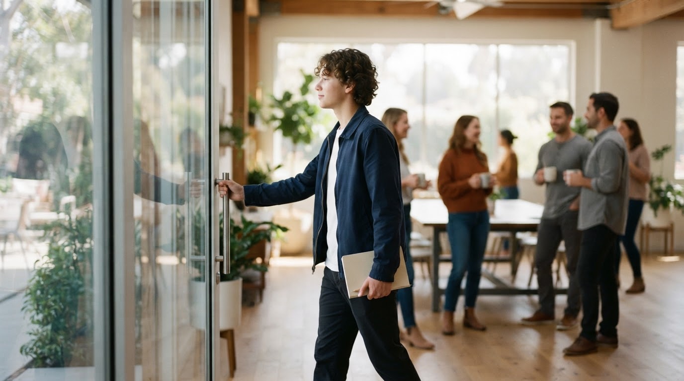 A confident young adult pushing open a glass door and stepping into a bright room where people are turning to greet them