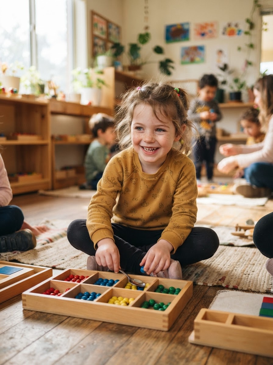 A 5-year-old student exploring hands-on Montessori materials in the Sparks Program at Wonderstorm Academy