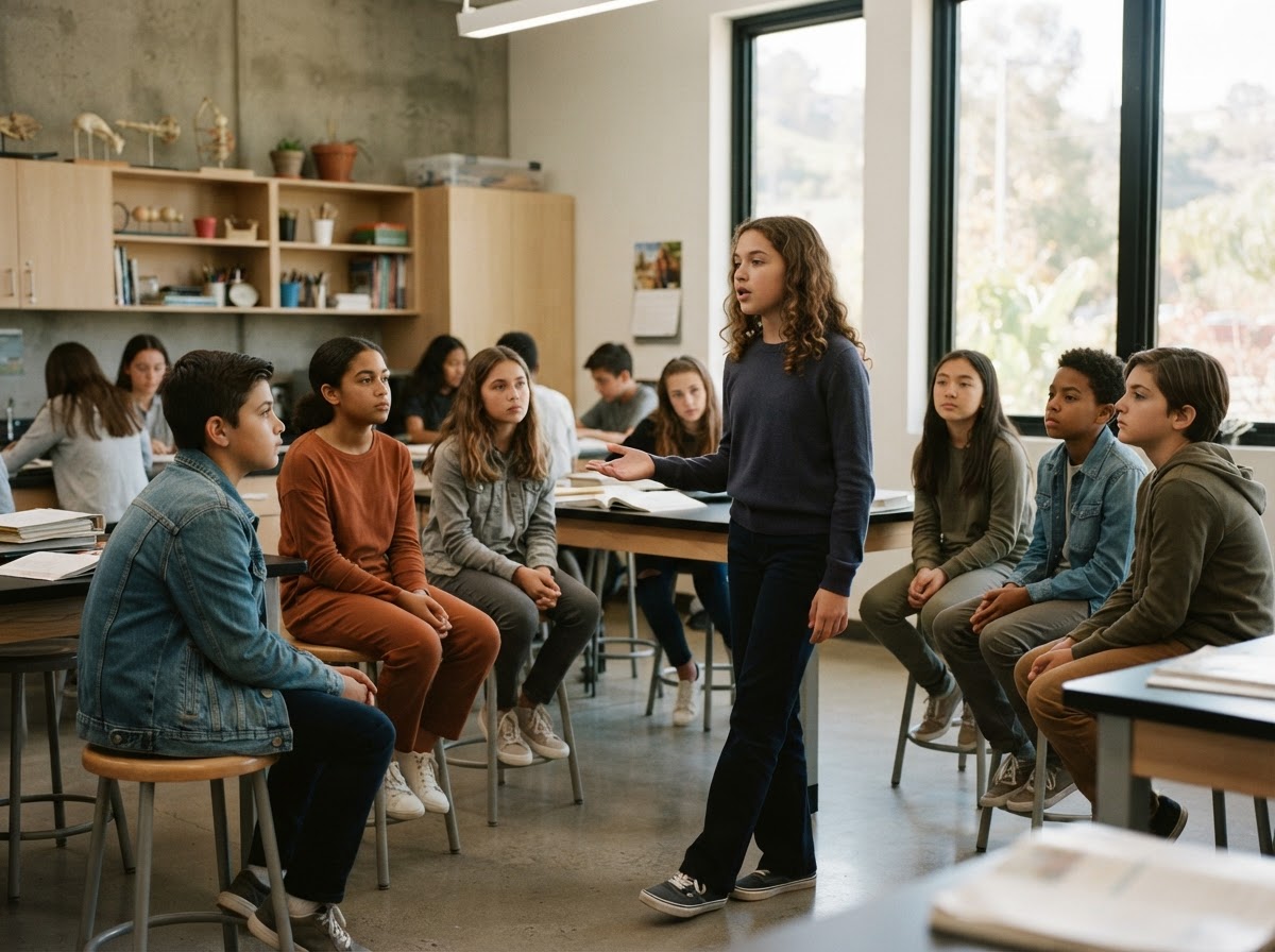 A student presenting an argument to engaged peers in a sunlit classroom