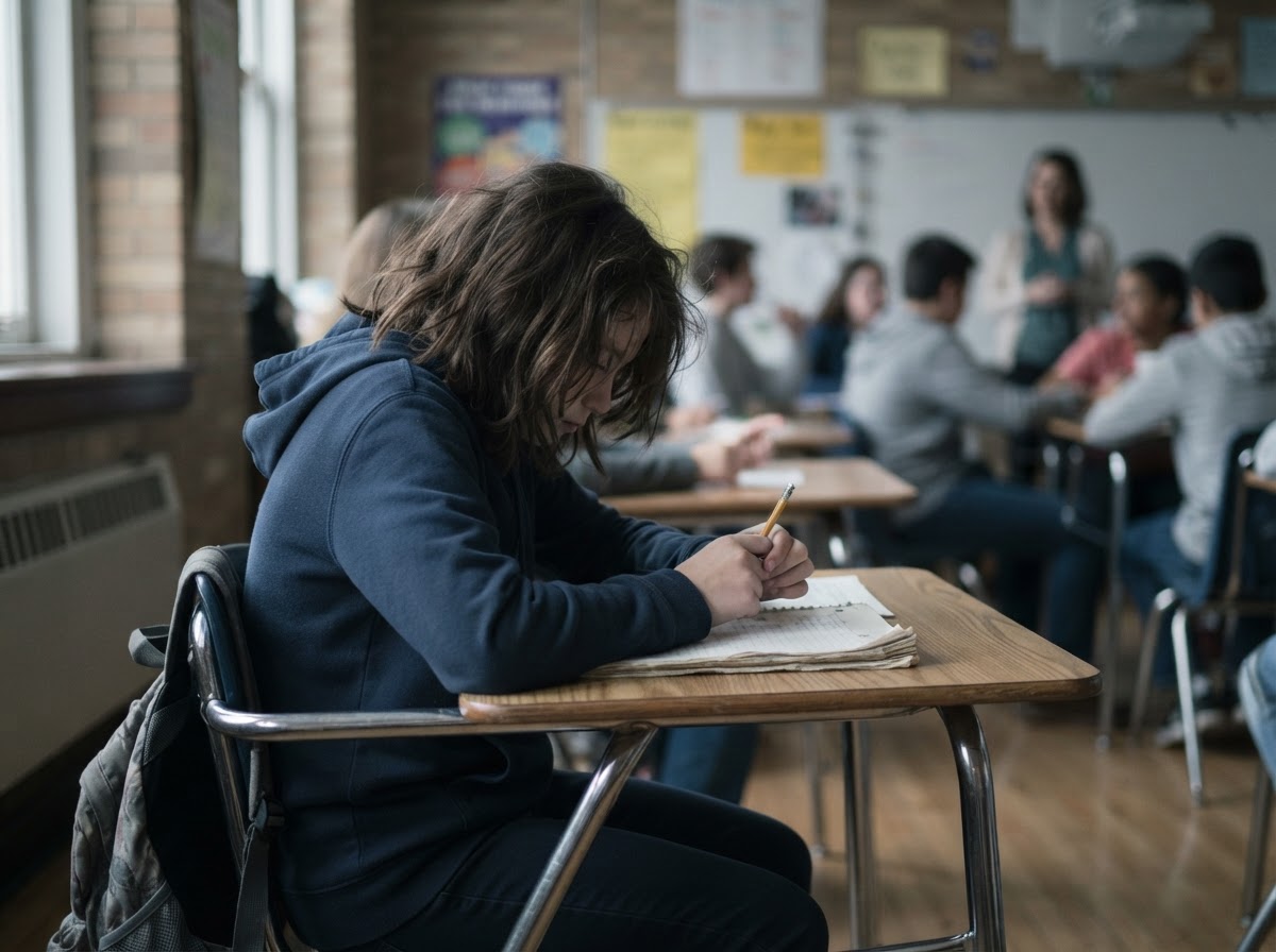 A shy student sitting withdrawn at the back of a classroom, avoiding eye contact