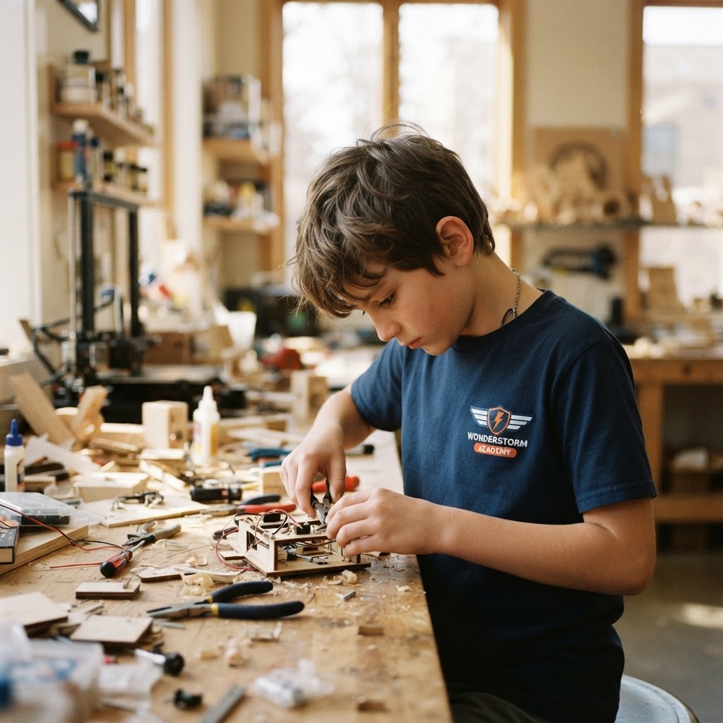 A student wearing a Wonderstorm Academy shirt, building a hands-on creative project in the makerspace