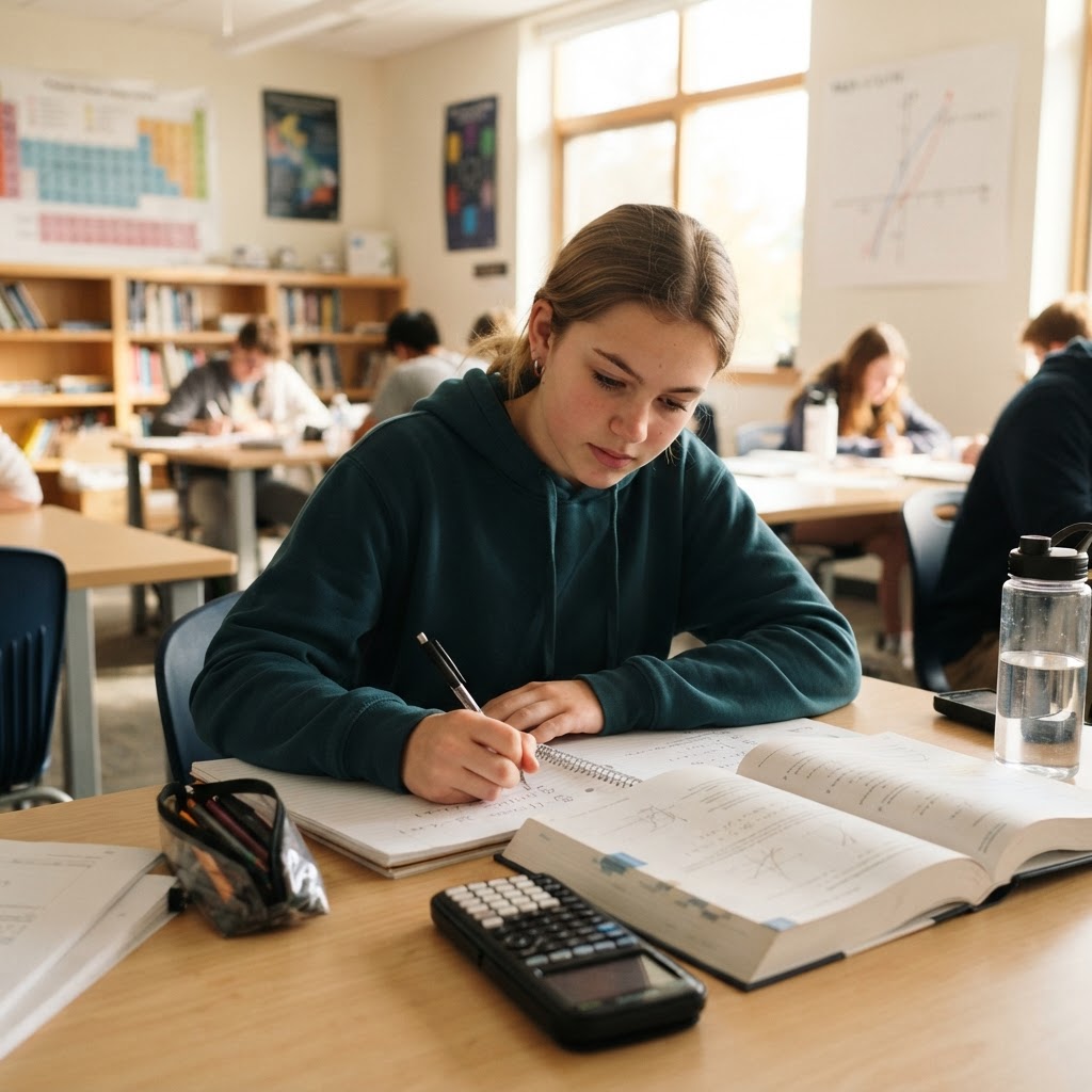 A confident Caucasian teenage girl student working independently on rigorous academics at her desk in a bright classroom
