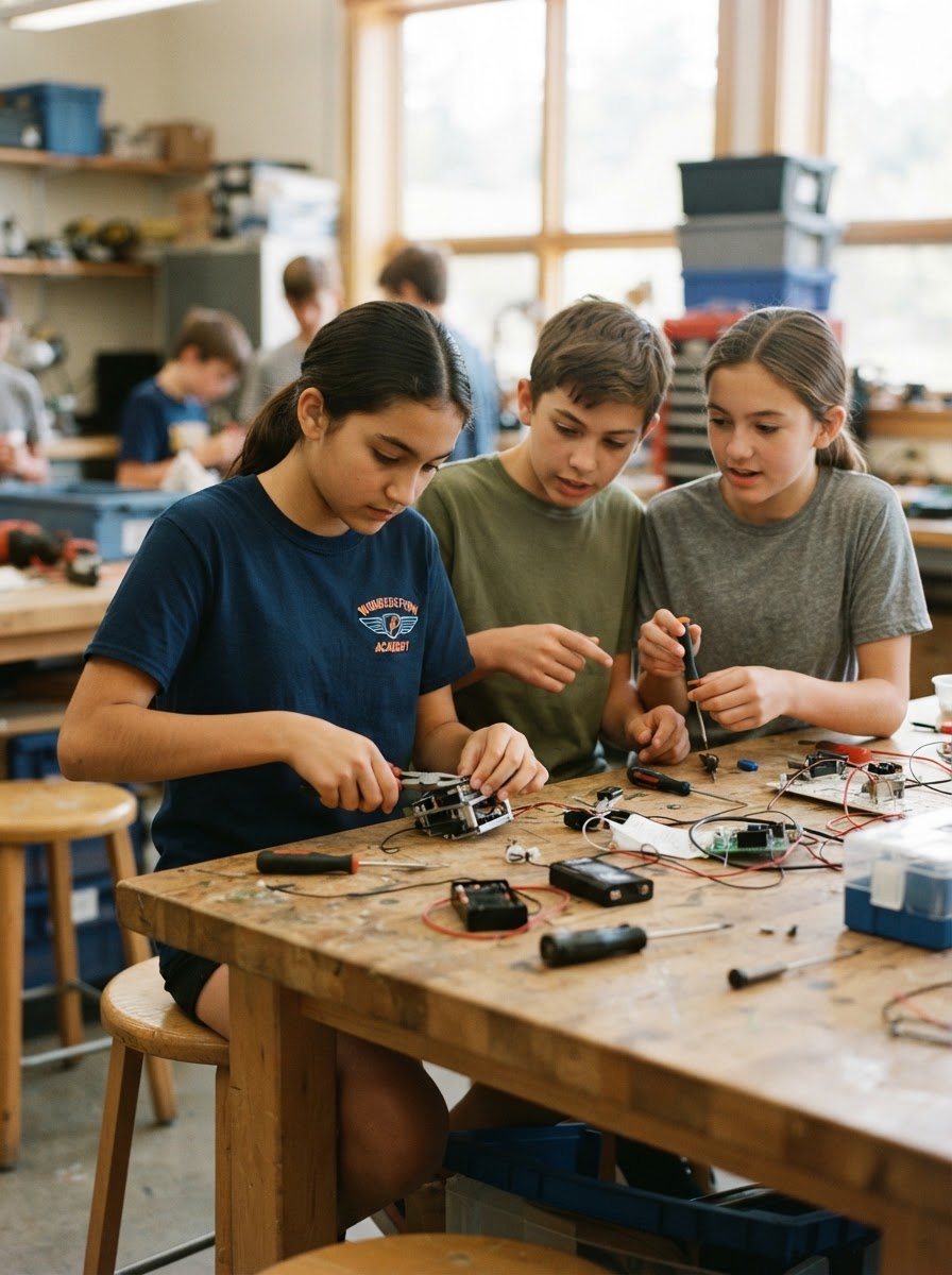 Students working together on a hands-on science and building project, one wearing a Wonderstorm Academy shirt