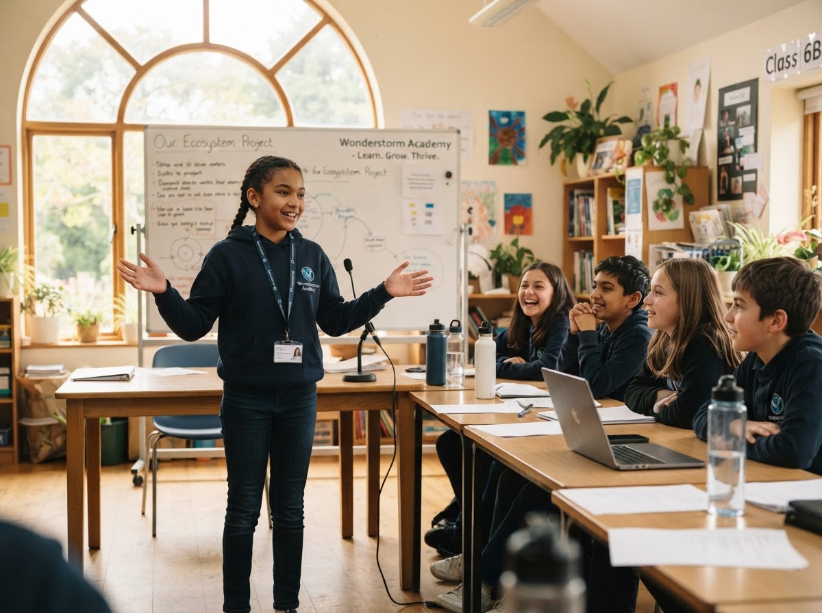 A confident young student presenting to classmates in a sunlit classroom at Wonderstorm Academy