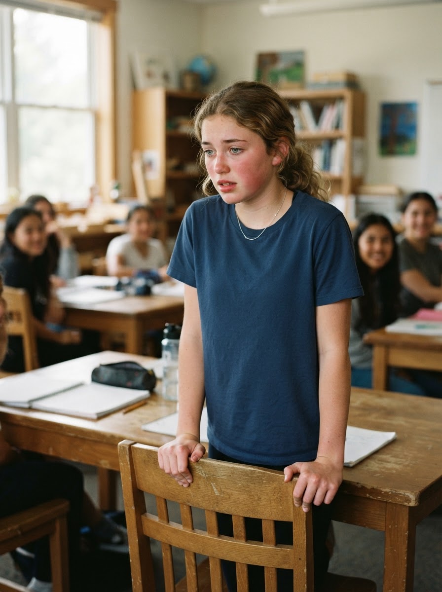 A shy young student stands up to speak to her class for the first time, gripping the table with determination