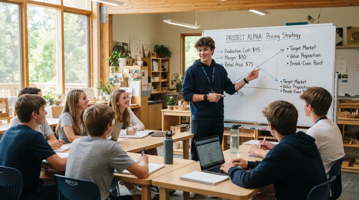 A Caucasian teenage Wonderstorm student presenting a product pricing breakdown on a whiteboard to classmates in a sunlit Montessori high school classroom