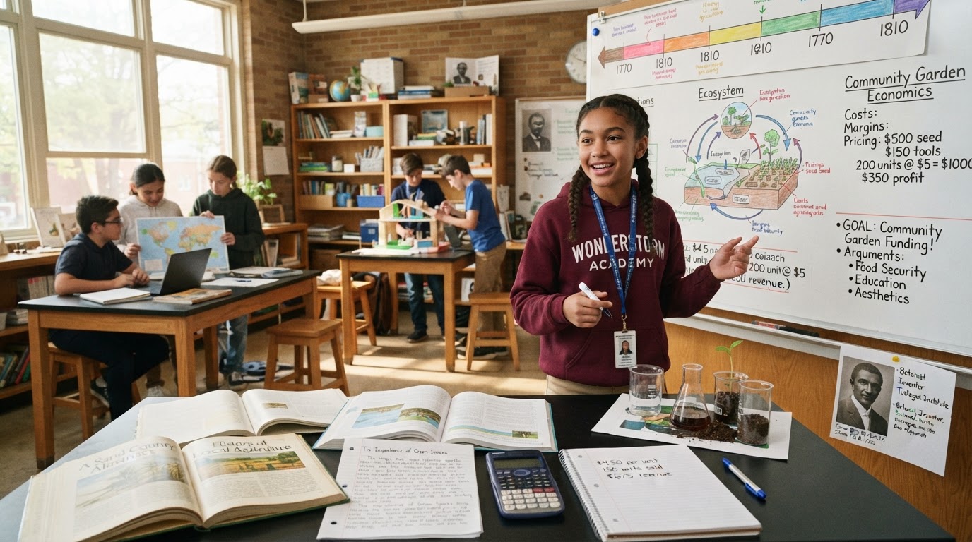 A Wonderstorm student presenting at a whiteboard covered in a historical timeline, a science diagram, and pricing-and-margin calculations, with books, a handwritten essay draft, a calculator, beakers, and a historical figure portrait on the desk — reading, writing, math, science, and history used together as the vehicle for real learning