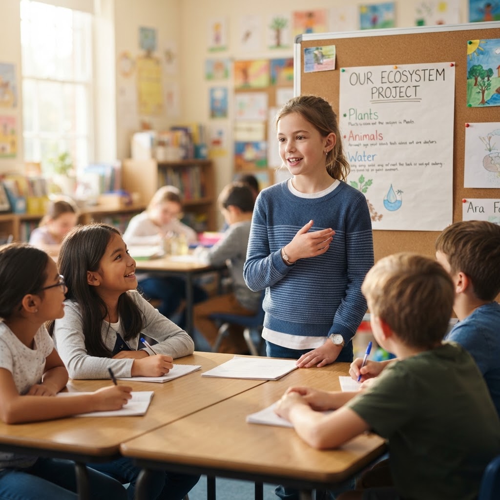 A young Caucasian girl speaking confidently in front of classmates in a bright classroom, having grown from shy to self-assured