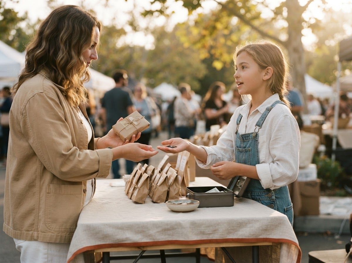 A student handing change to a customer at an outdoor community market