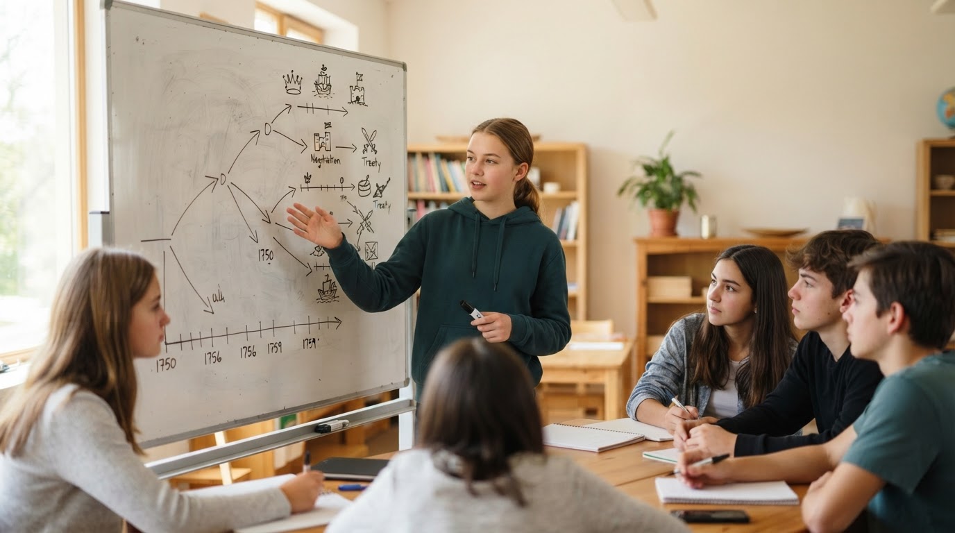 A Wonderstorm student presenting a hand-drawn decision-tree diagram at a whiteboard in a sunlit Montessori high school seminar, with mostly Caucasian teenage classmates seated close to the whiteboard