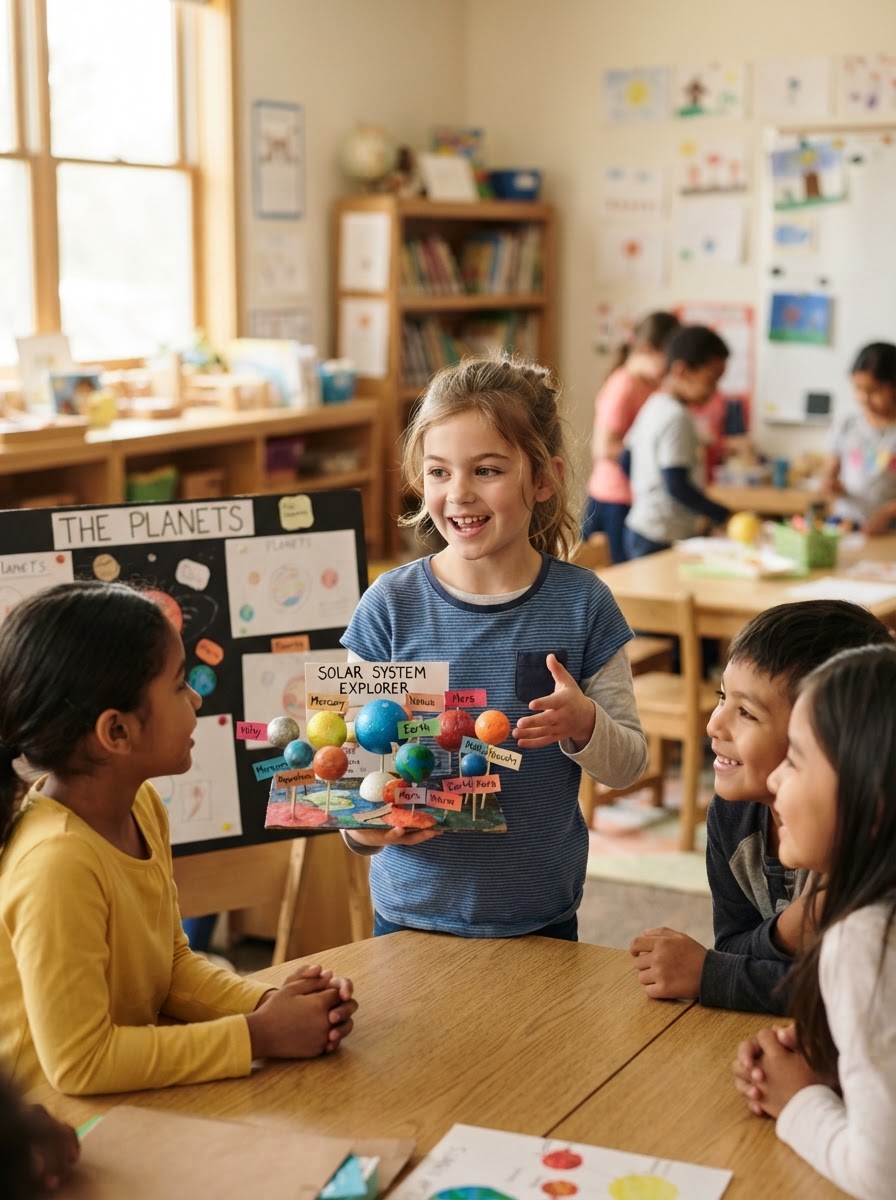 An 8-year-old student presenting a science project to classmates in the Discovery Program at Wonderstorm Academy