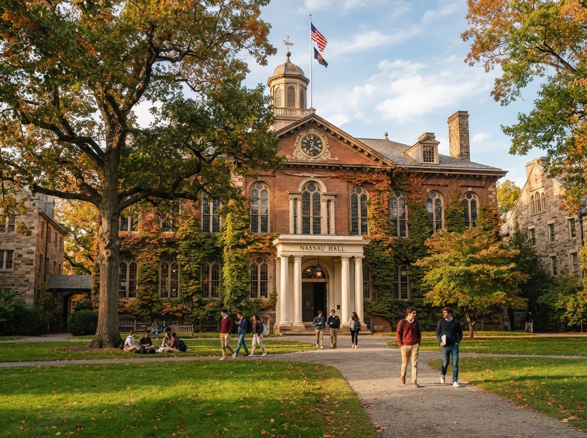 A traditional Ivy League university campus with historic brick and ivy-covered walls, gothic arches, and manicured lawns