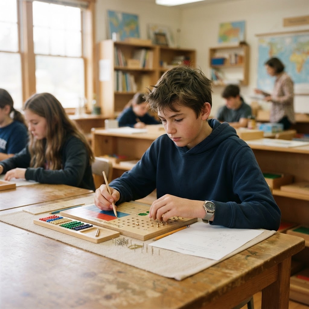 A young Caucasian boy engaged with Montessori hands-on learning materials at a table in a bright classroom