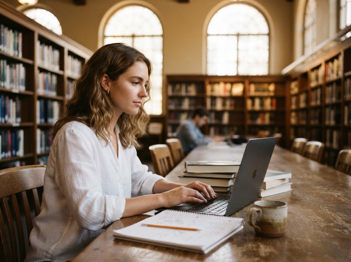 A twenty-year-old student studying at her MacBook in a college library surrounded by books