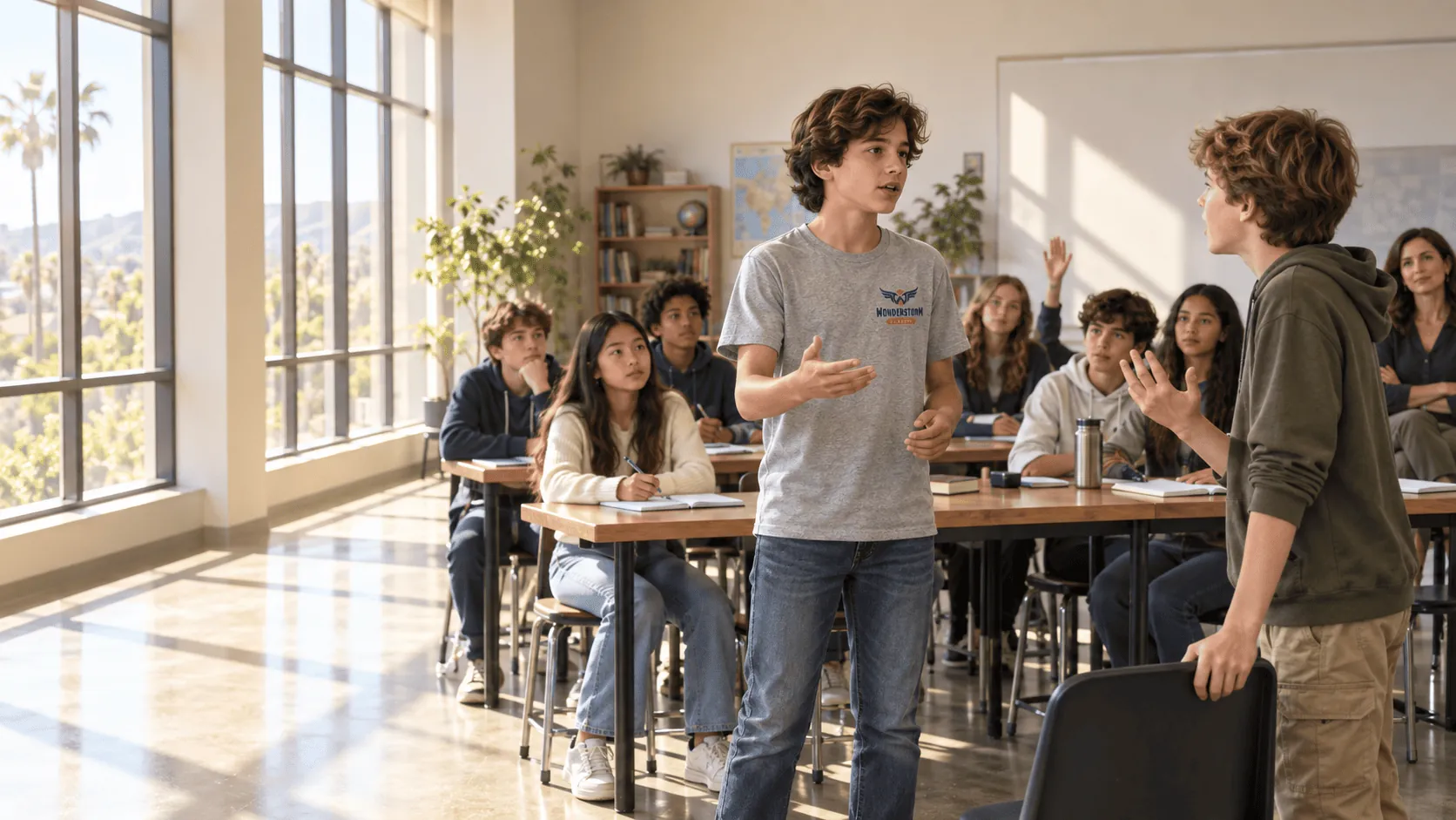 A student presenting an argument to engaged peers in a sunlit classroom