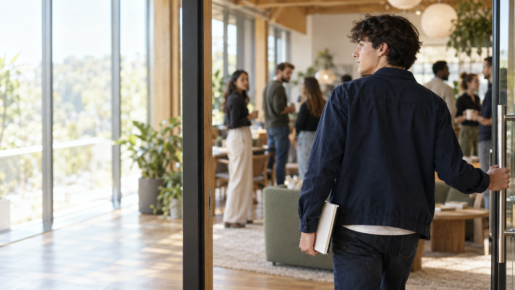 A confident young adult stepping into a bright collaborative workspace