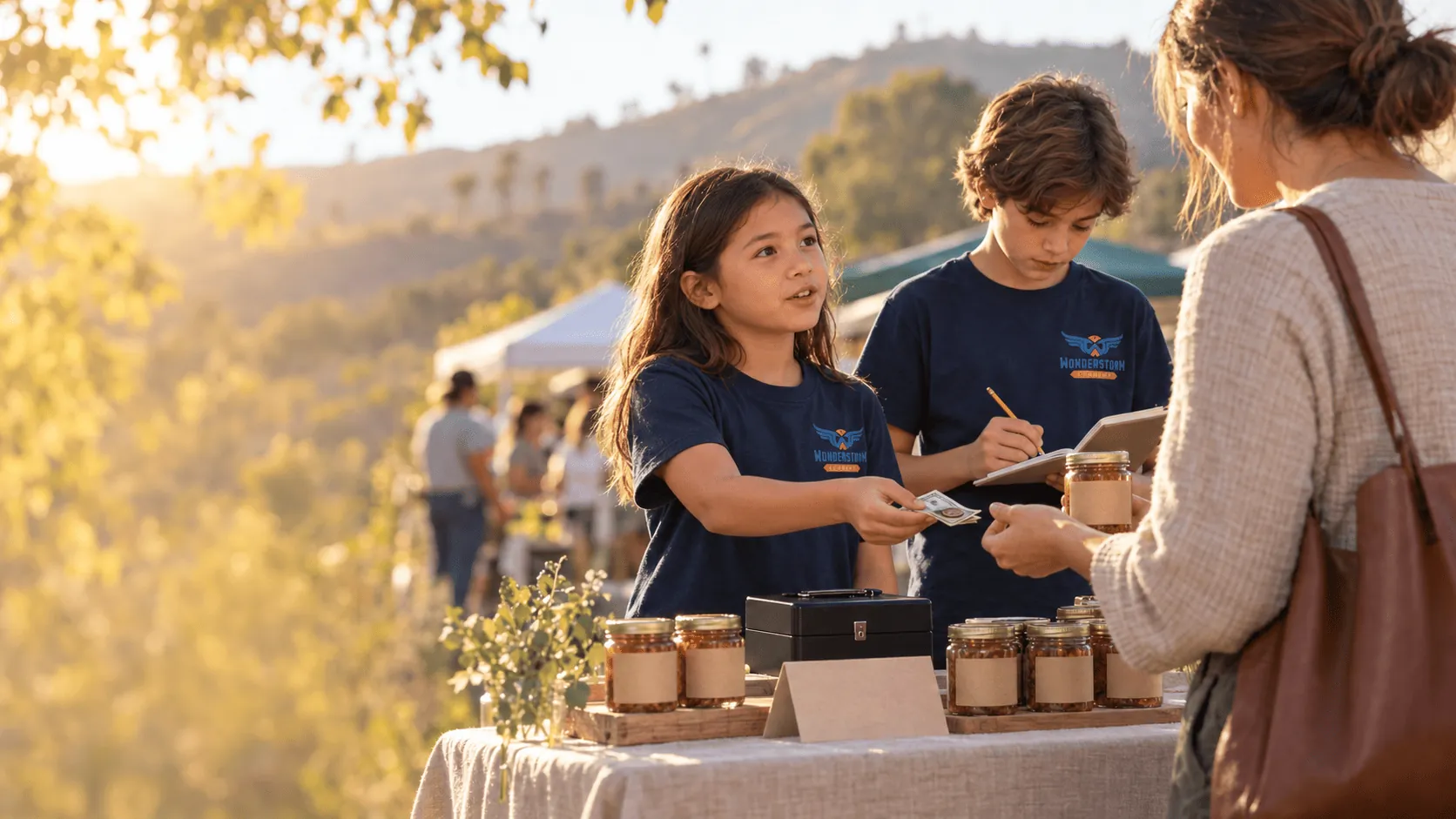 A student handing change to a customer at an outdoor community market