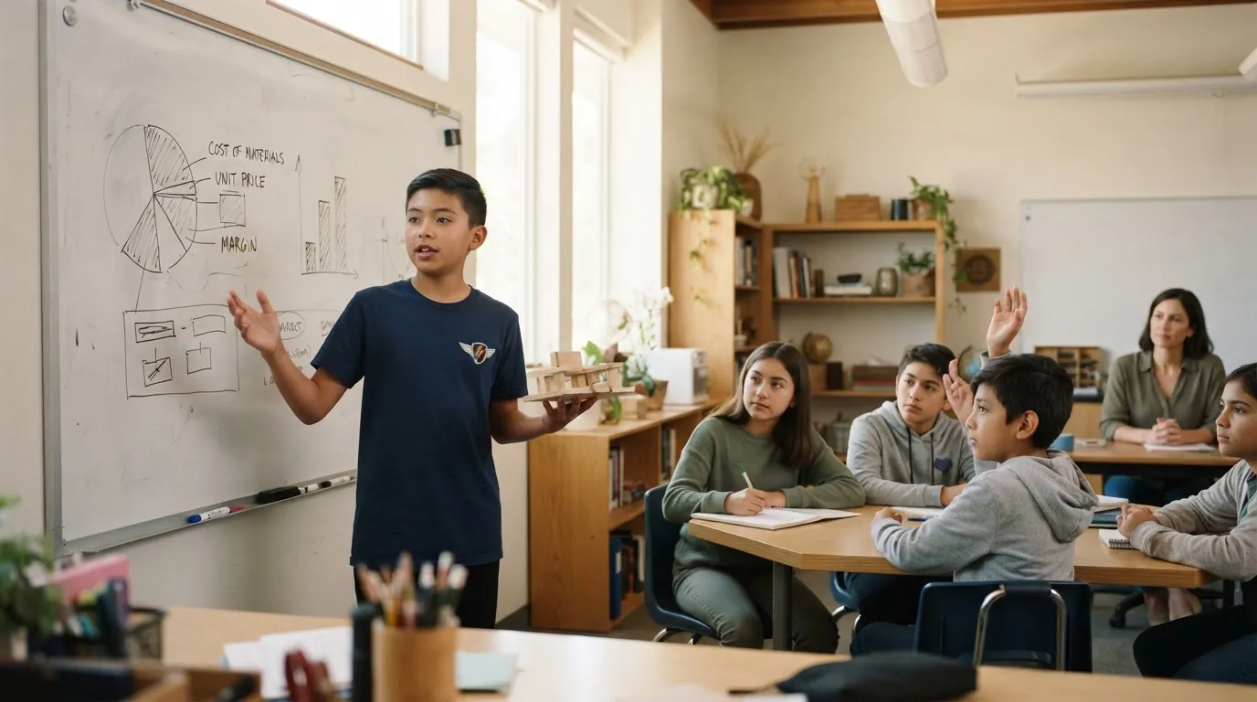 A Caucasian teenage Wonderstorm student presenting a product pricing breakdown on a whiteboard to classmates in a sunlit Montessori high school classroom