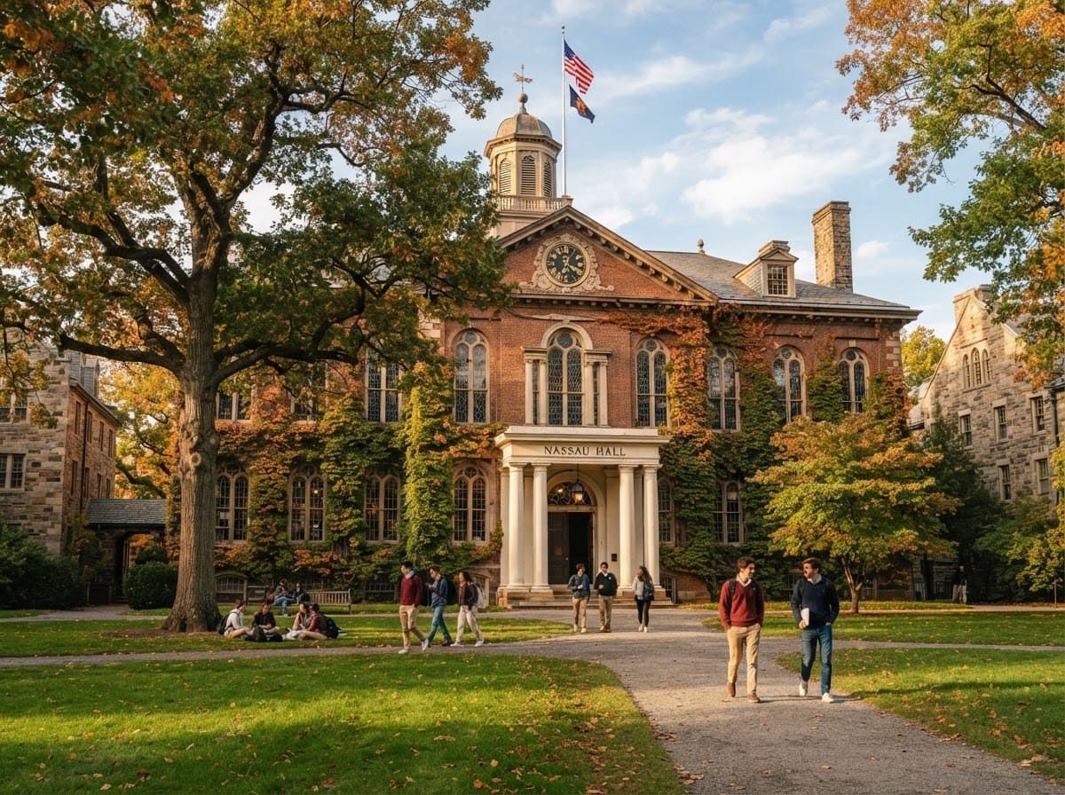 Nassau Hall at Princeton University with students walking across the sunny autumn campus