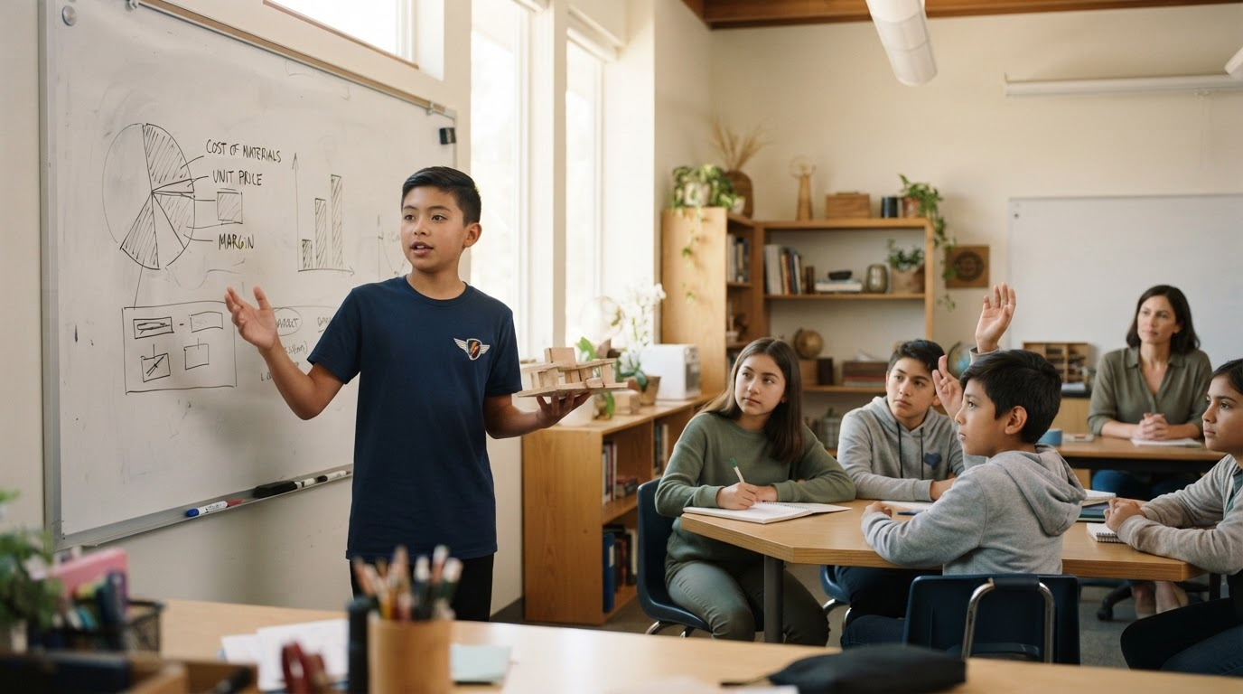 Wonderstorm student presenting a product pricing breakdown on a whiteboard to classmates in a sunlit classroom