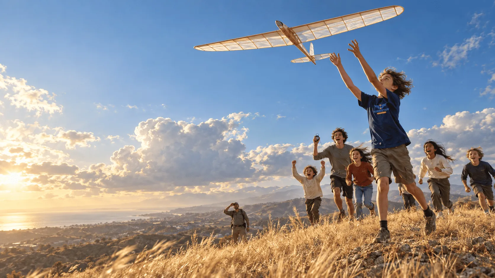Wonderstorm Academy students running up a golden hillside at sunset, sending a handmade glider into the sky above the Southern California coastline