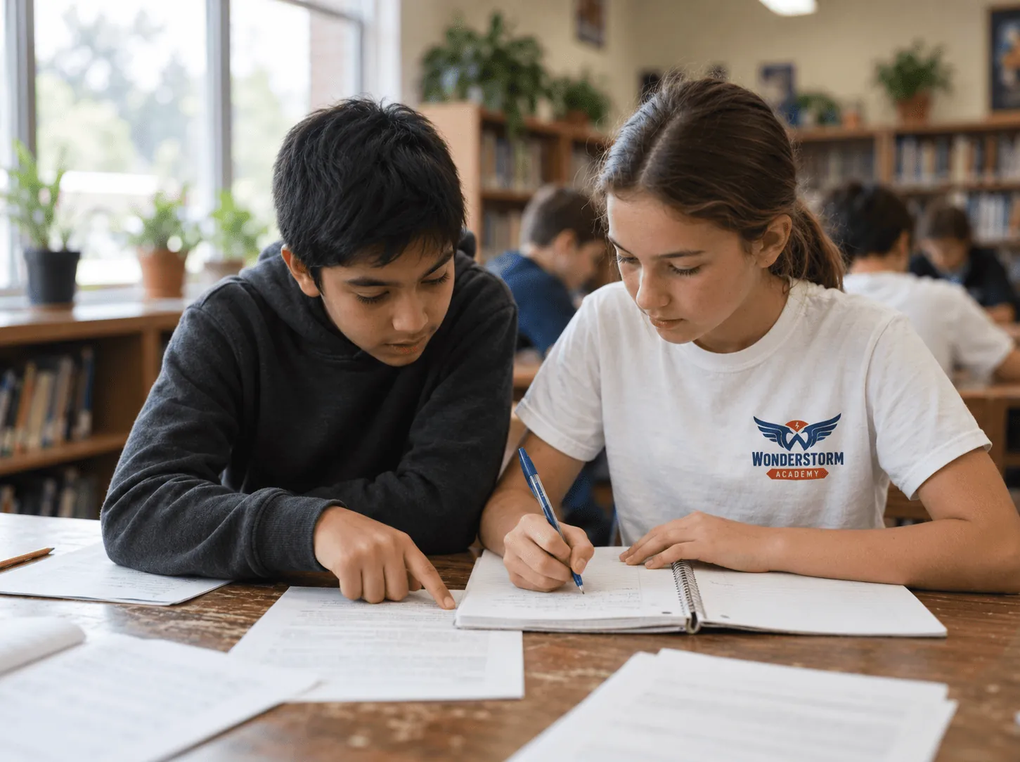Two students collaborating on a research assignment in the library, one wearing a Wonderstorm Academy shirt