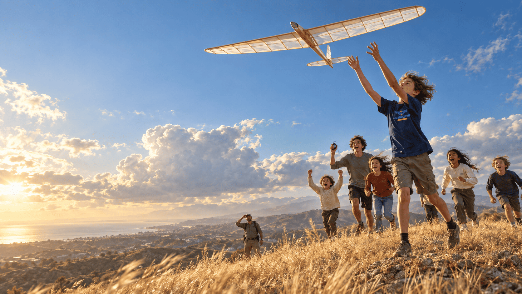 Wonderstorm Academy students running up a golden hillside at sunset, sending a handmade glider into the sky above the Southern California coastline