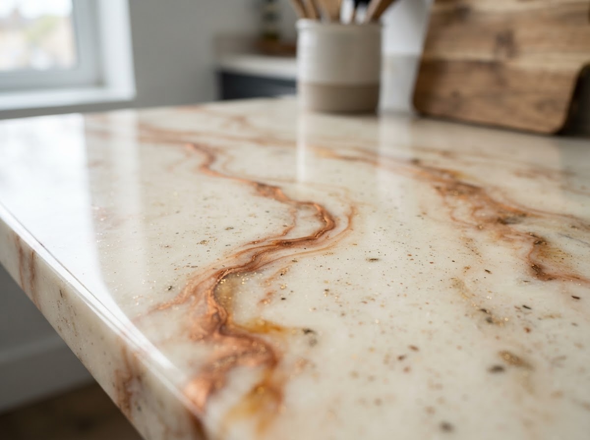 A finished custom-poured resin countertop surface with warm veining