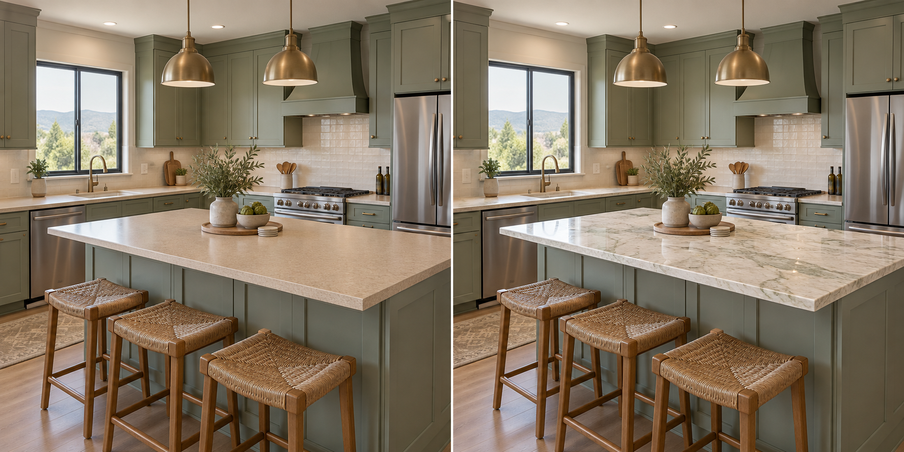 The same kitchen transformed with custom-poured FlowStone resin countertops featuring warm marble veining
