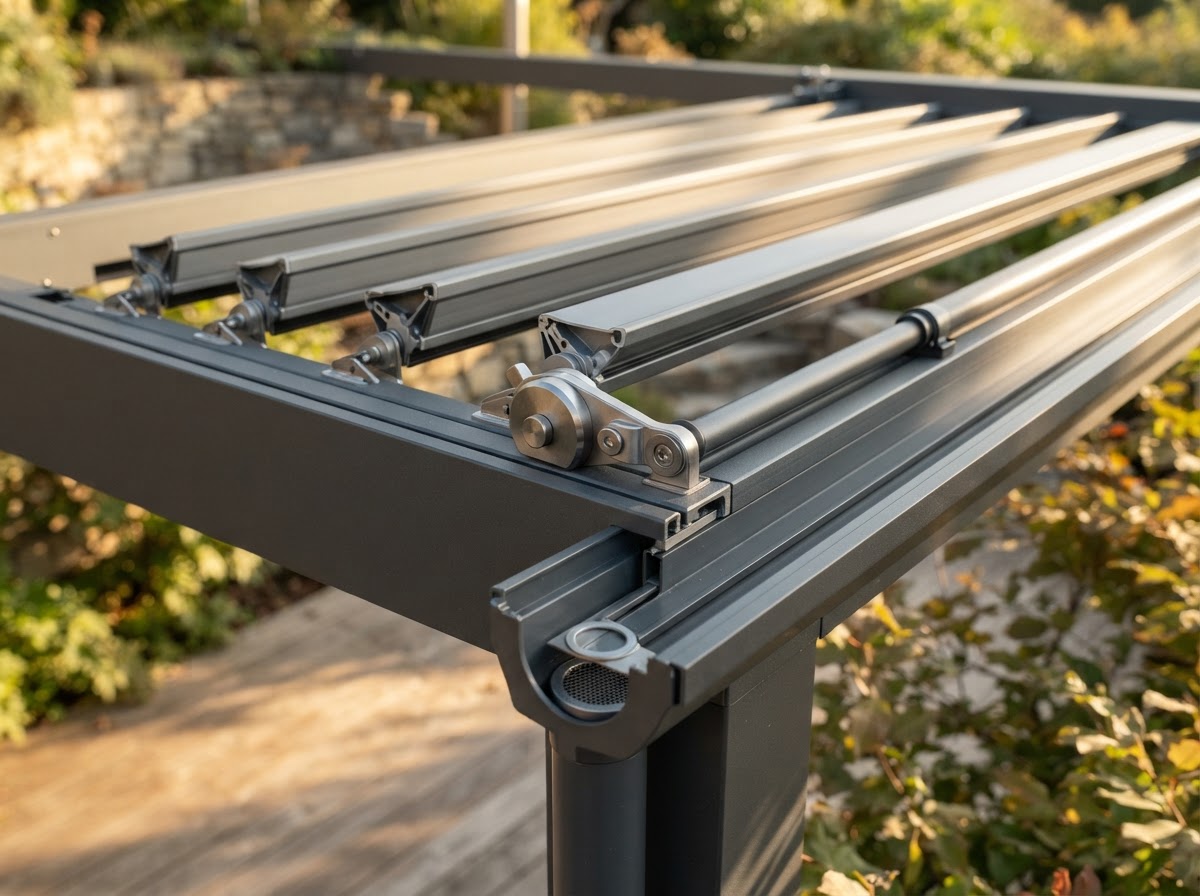 Adjustable aluminum pergola louvers with integrated drainage
