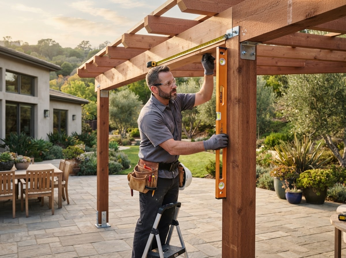 Patio cover installer measuring structural layout