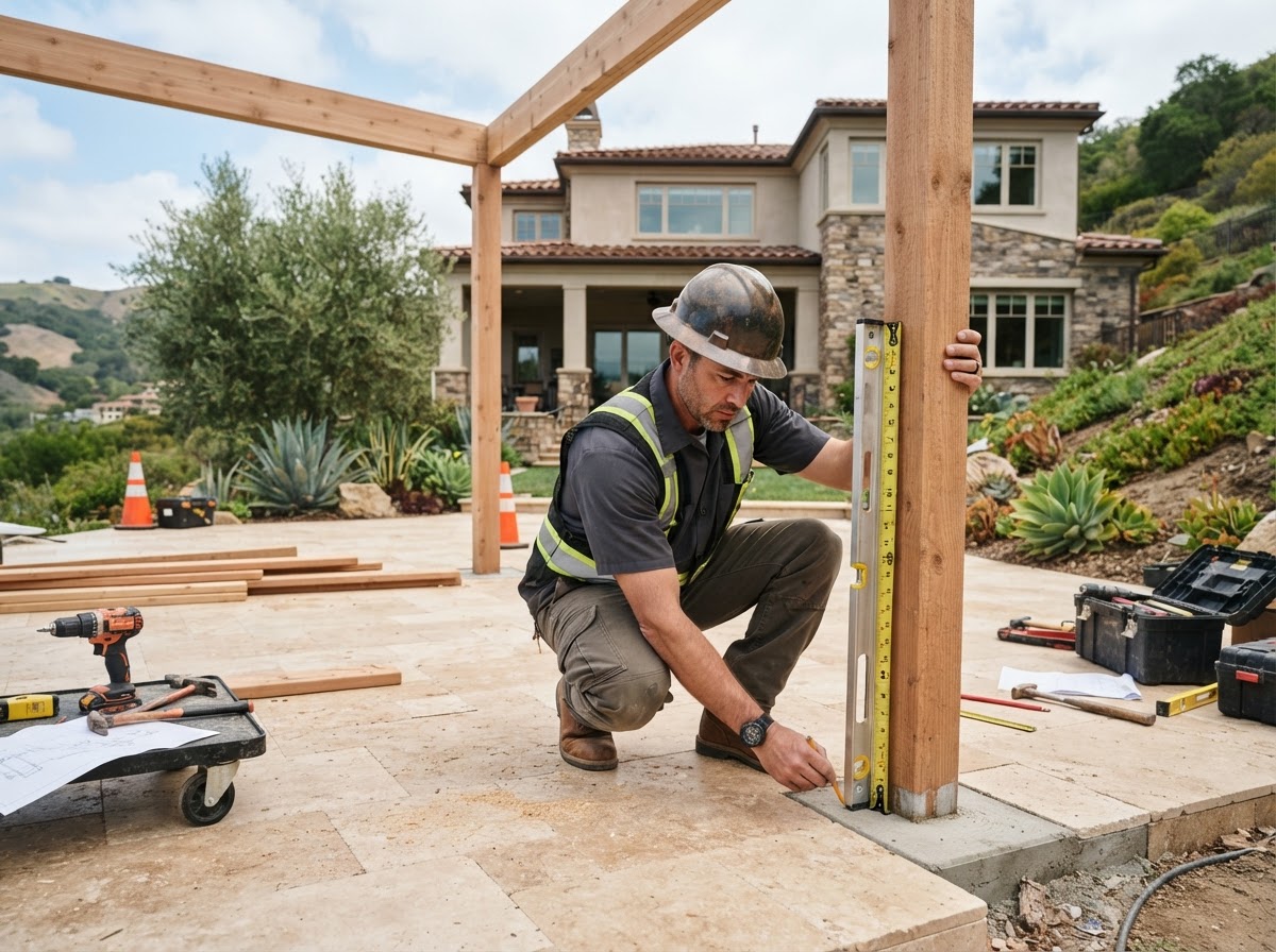 Patio cover installer measuring a custom outdoor space