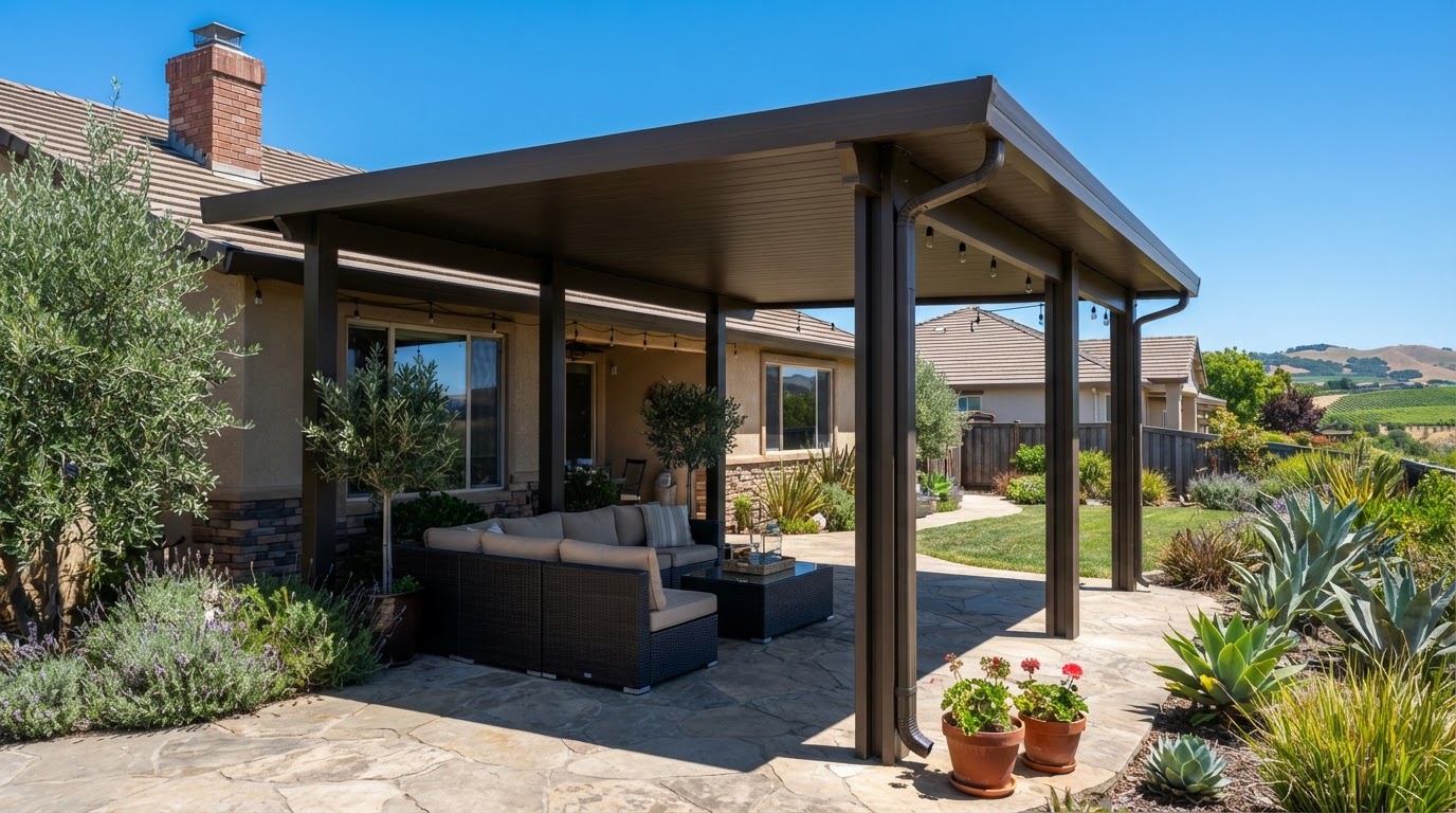 Aluminum patio cover providing shade at a Livermore home