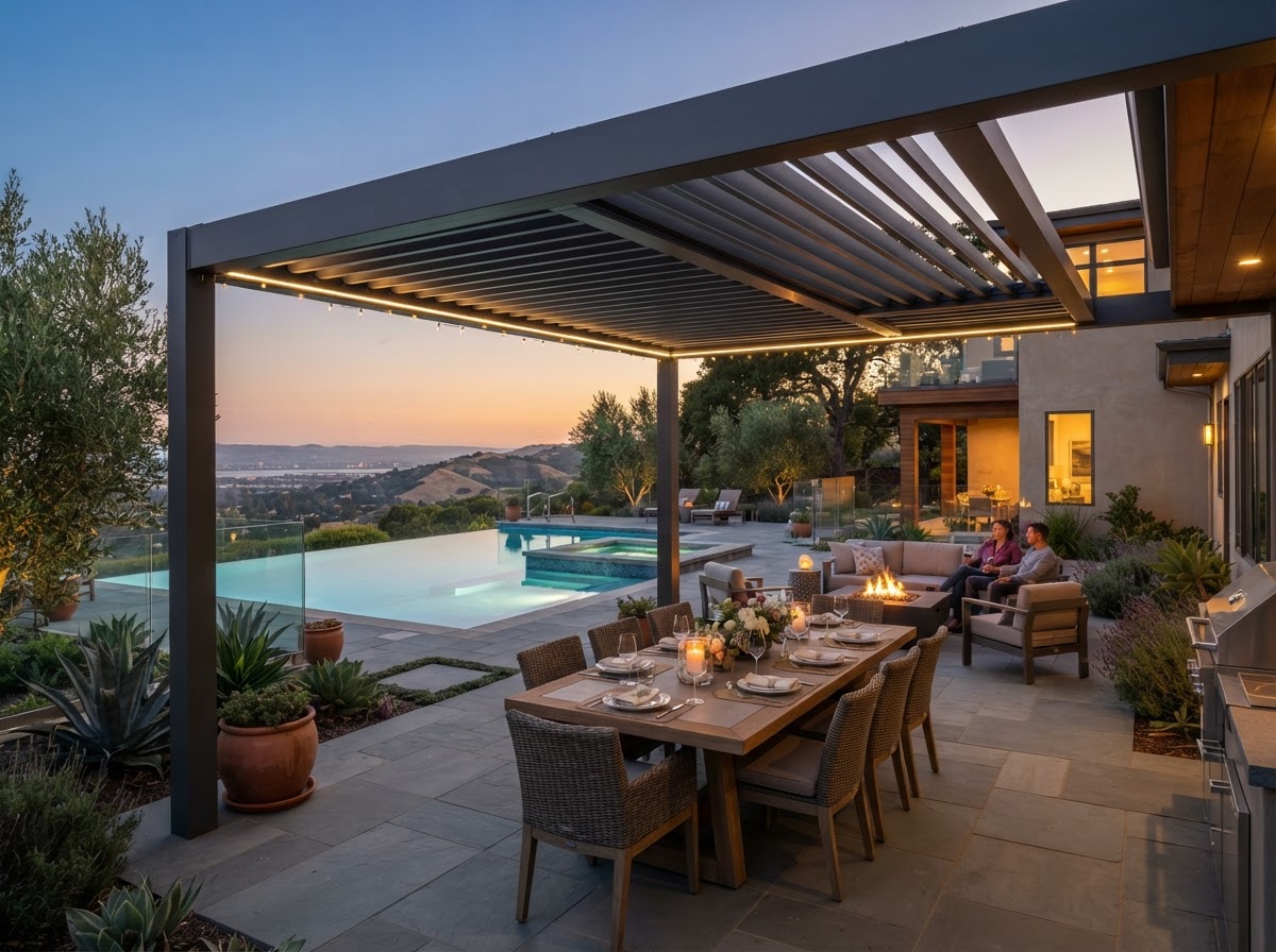 Motorized louvered pergola over an outdoor living area