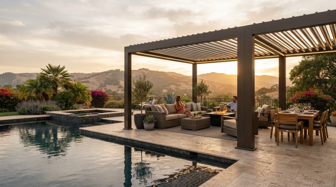 Motorized pergola over a Pleasanton outdoor living space