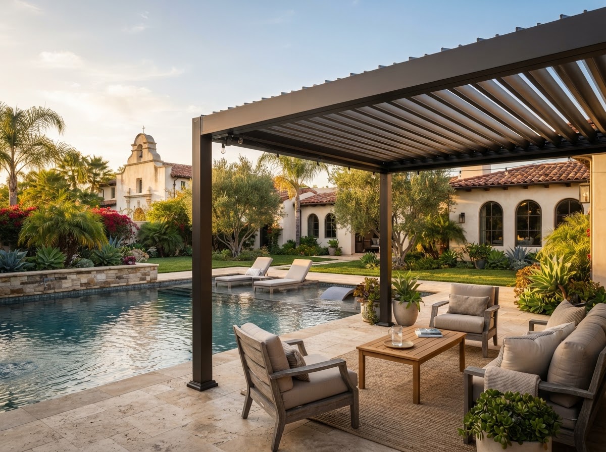 Motorized louvered pergola for an Alamo outdoor living area