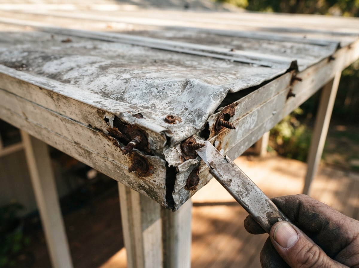 Damaged aluminum patio cover panel being evaluated