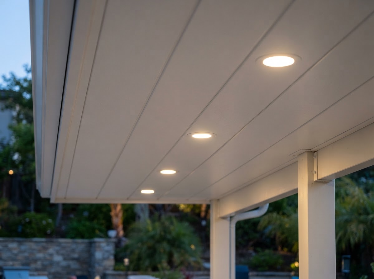 Insulated patio cover ceiling with integrated lighting