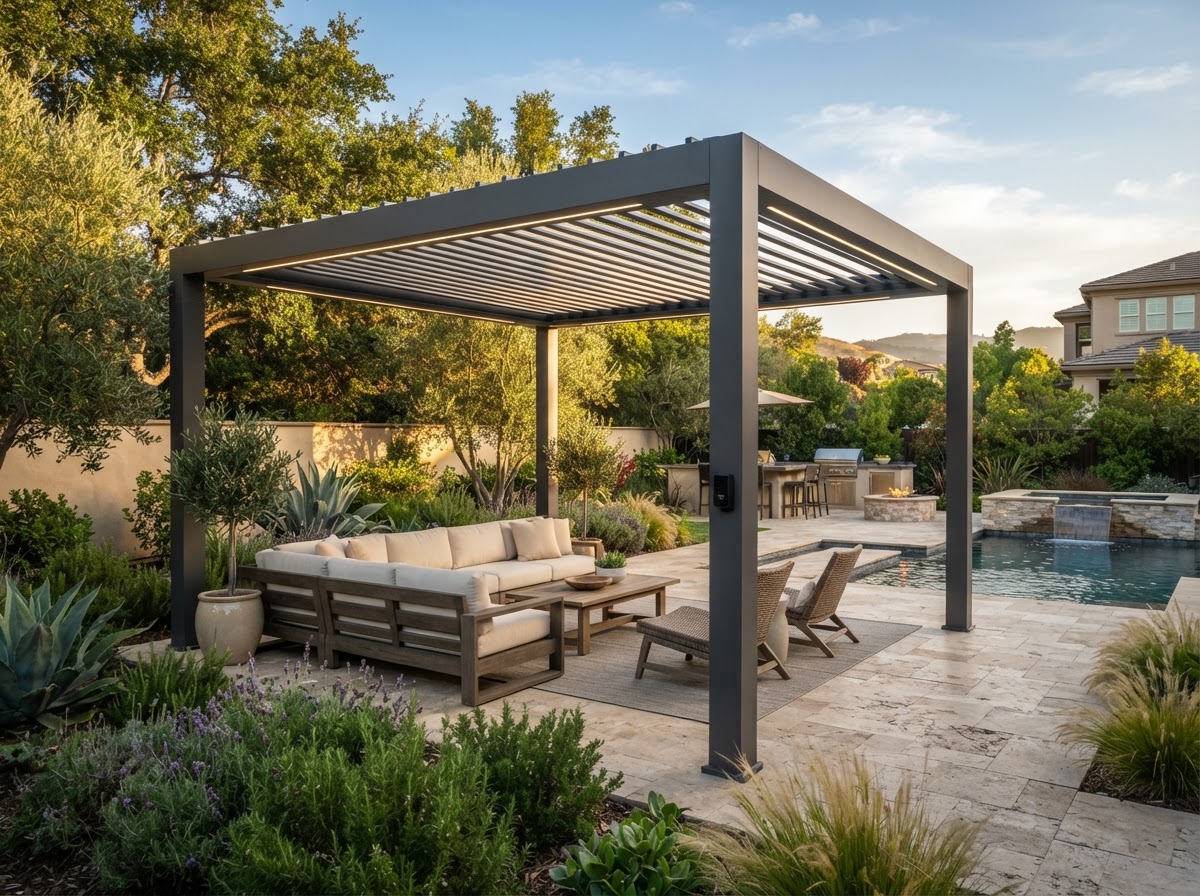 Motorized pergola over an outdoor living space in Pleasanton