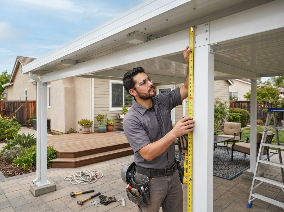 Patio cover installer reviewing beam and roof panel construction