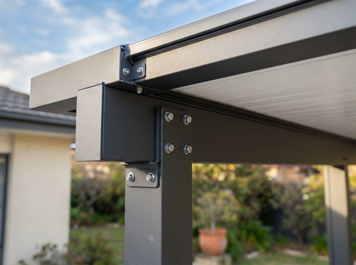 Powder-coated aluminum patio cover framing detail