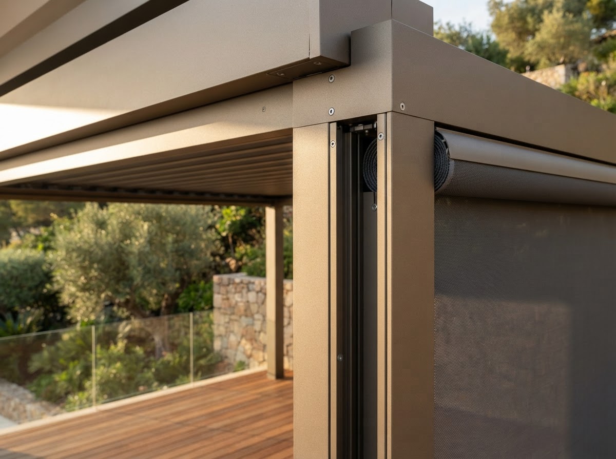 Architectural pergola with louvers and integrated screen