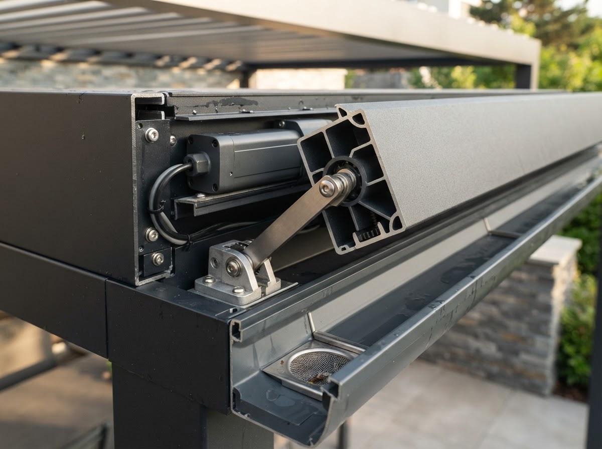 Motorized aluminum pergola louver mechanism