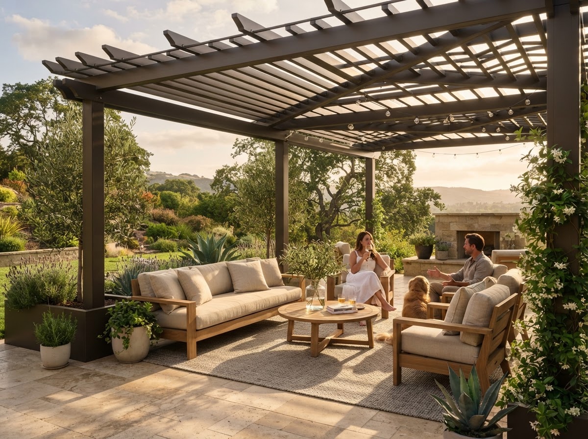 Lattice pergola providing filtered patio shade